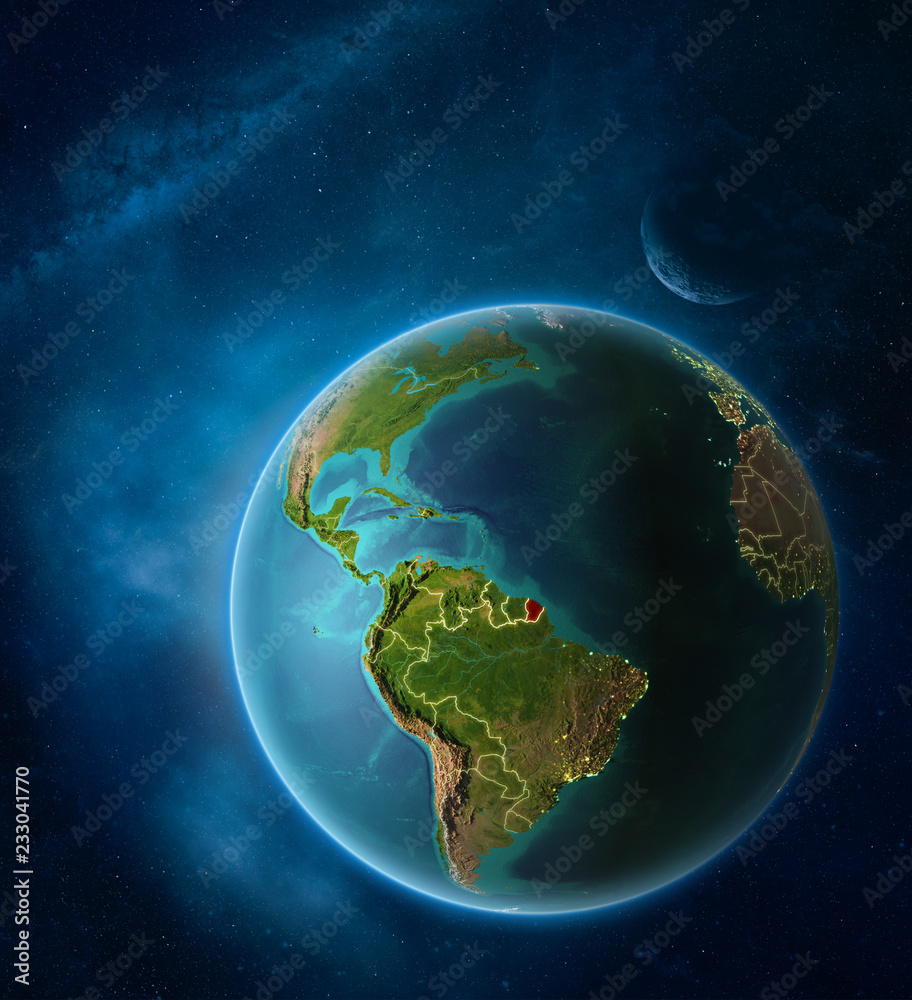 Planet Earth with highlighted French Guiana in space with Moon and Milky Way. Visible city lights and country borders. Planet Earth with highlighted French Guiana in space with Moon and Milky Way. Visible city lights and country borders.
