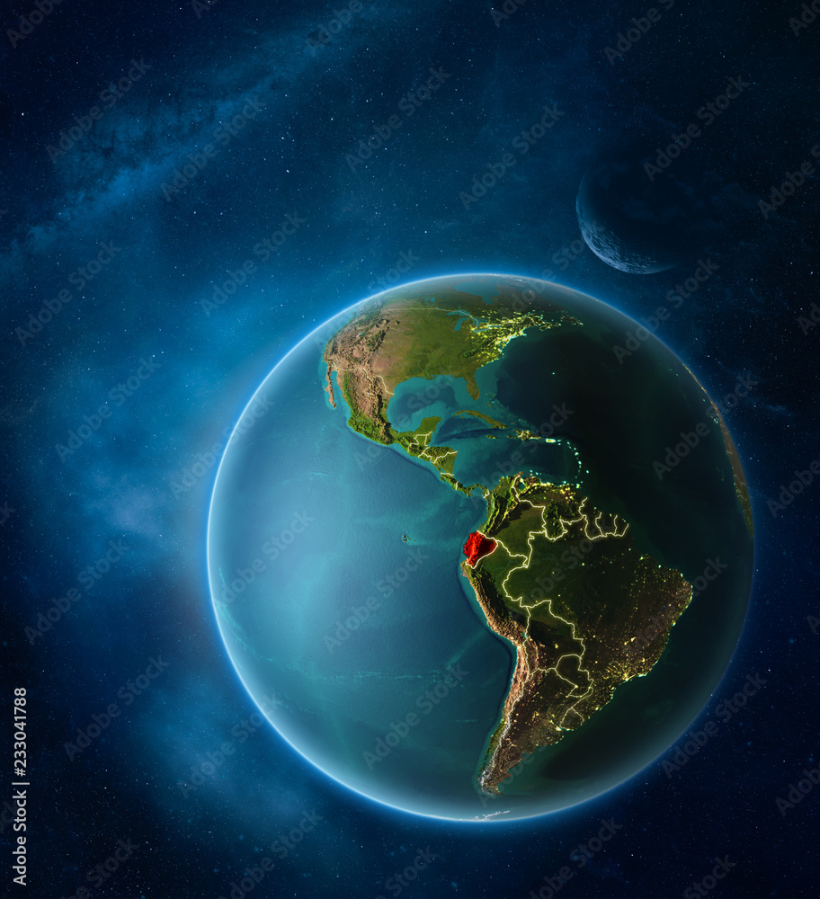 Fototapeta premium Planet Earth with highlighted Ecuador in space with Moon and Milky Way. Visible city lights and country borders.