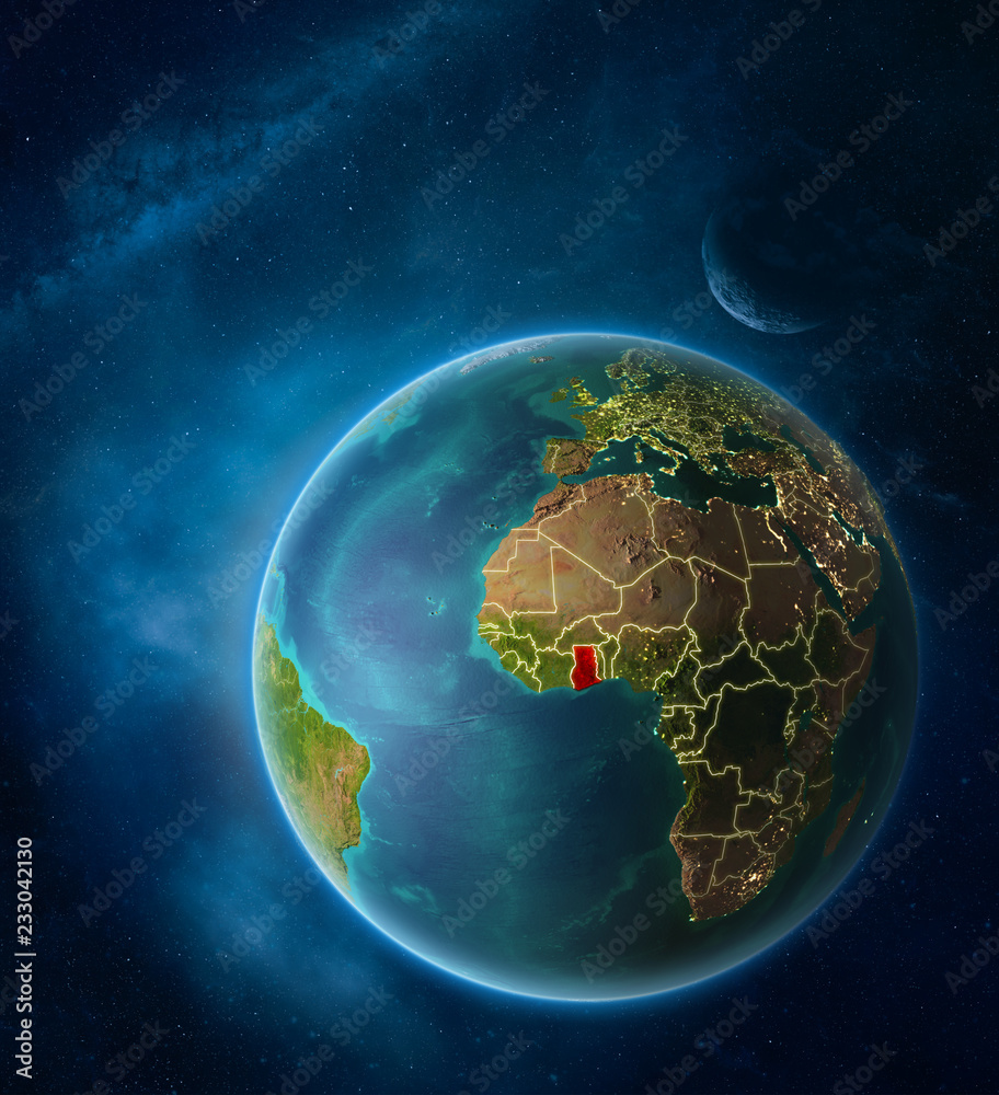 Planet Earth with highlighted Ghana in space with Moon and Milky Way. Visible city lights and country borders.