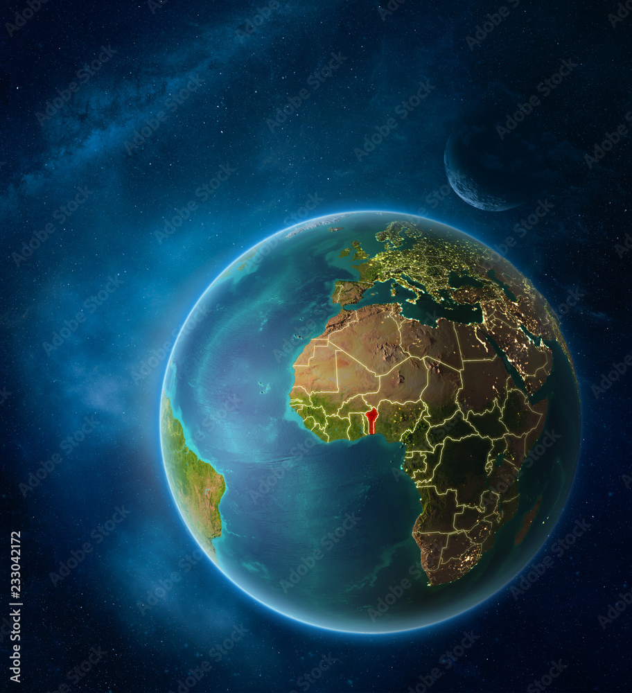 Planet Earth with highlighted Benin in space with Moon and Milky Way. Visible city lights and country borders.