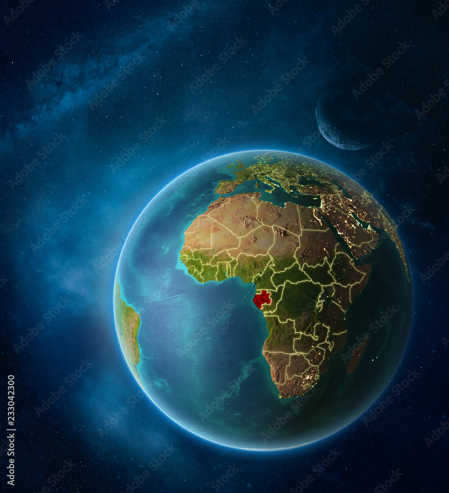 Obraz premium Planet Earth with highlighted Gabon in space with Moon and Milky Way. Visible city lights and country borders.