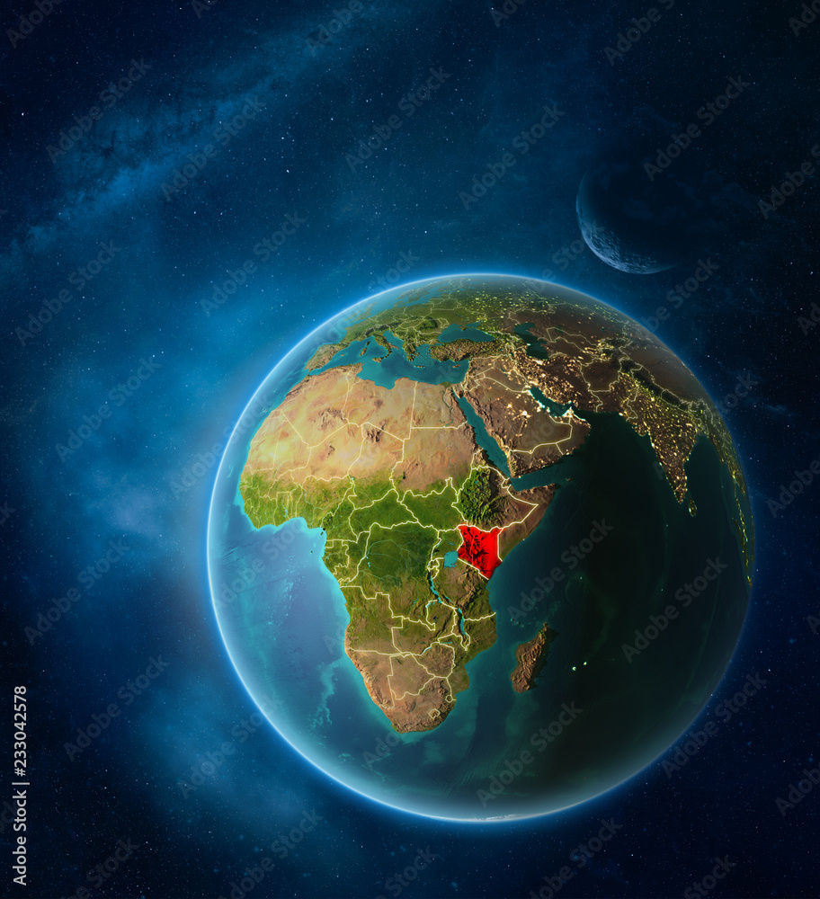 Planet Earth with highlighted Kenya in space with Moon and Milky Way. Visible city lights and country borders.