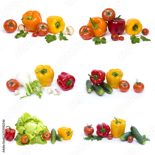 Peppers with cucumbers and tomatoes on a white background. Cabbage with cucumbers and mushrooms on a white background. Fresh vegetables in a group on an isolated background.