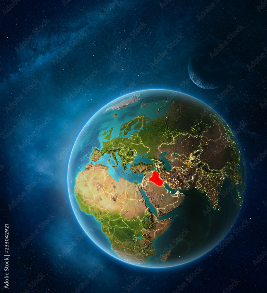 Planet Earth with highlighted Iraq in space with Moon and Milky Way. Visible city lights and country borders.