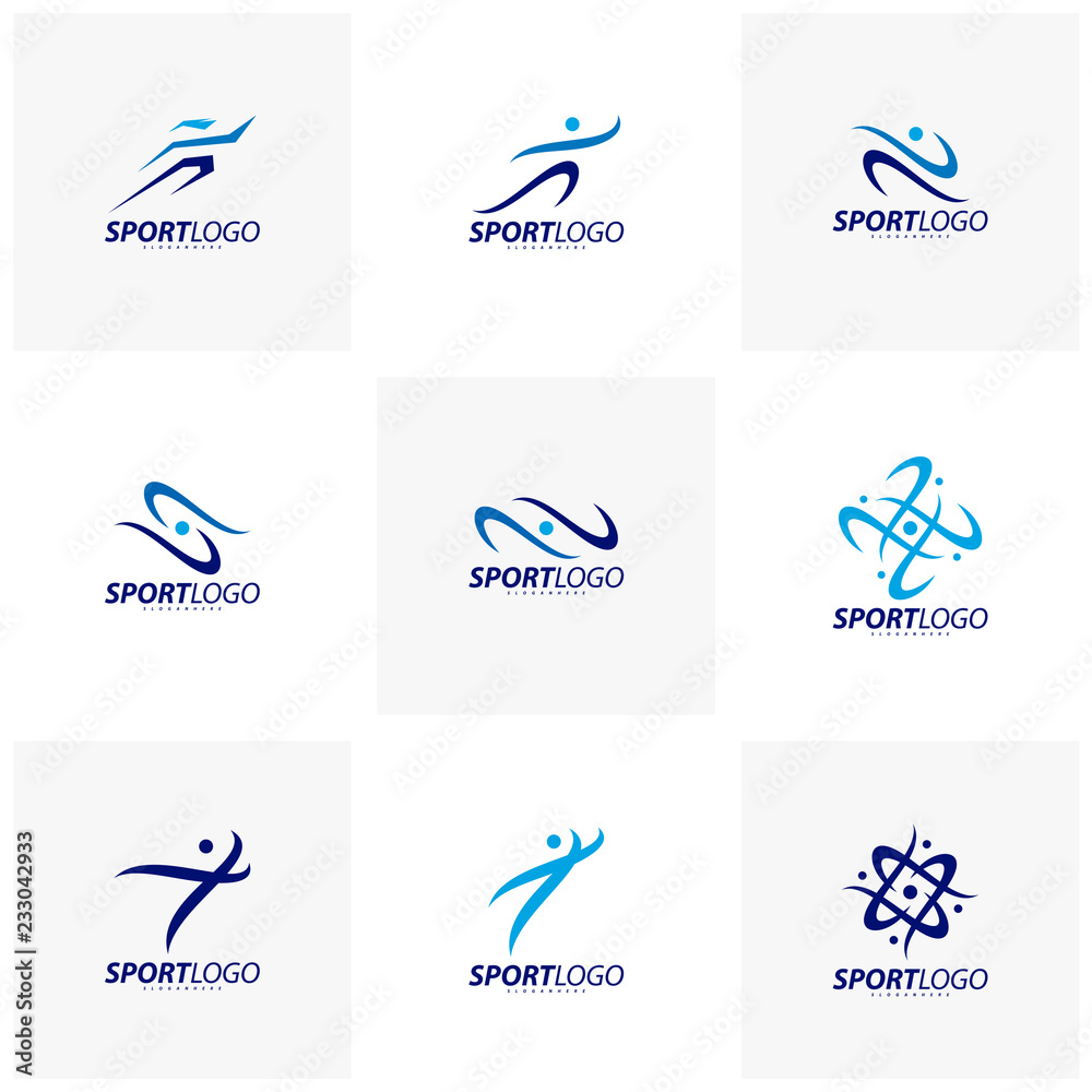 Set of Sport symbol design, Fitness people icon vector logo, speed fitness, running, swimming, jumping logotype, hexagon people