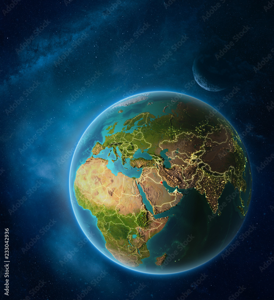 Planet Earth with highlighted Kuwait in space with Moon and Milky Way. Visible city lights and country borders. Planet Earth with highlighted Kuwait in space with Moon and Milky Way. Visible city lights and country borders.
