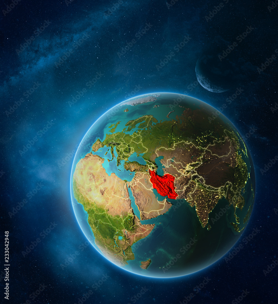 Planet Earth with highlighted Iran in space with Moon and Milky Way. Visible city lights and country borders.
