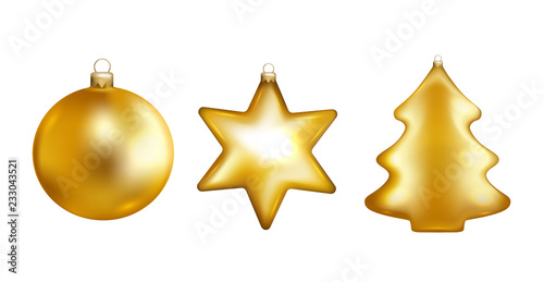Gold christmas toys. Bauble, star, fir tree. Vector illustration.