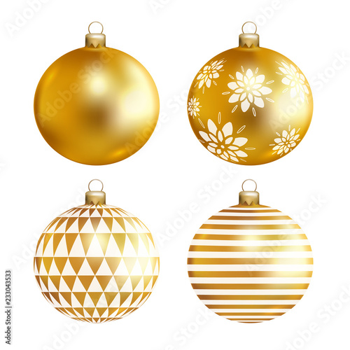 Gold baubles with geometric pattern. Christmas balls set. Toy for fir tree. Vector illustration.