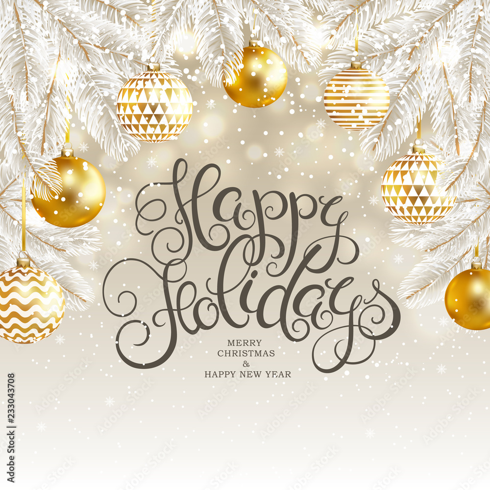Happy holidays card with fir tree, gold balls and snow. Merry Christmas and Happy New year banner. Vector illustration.