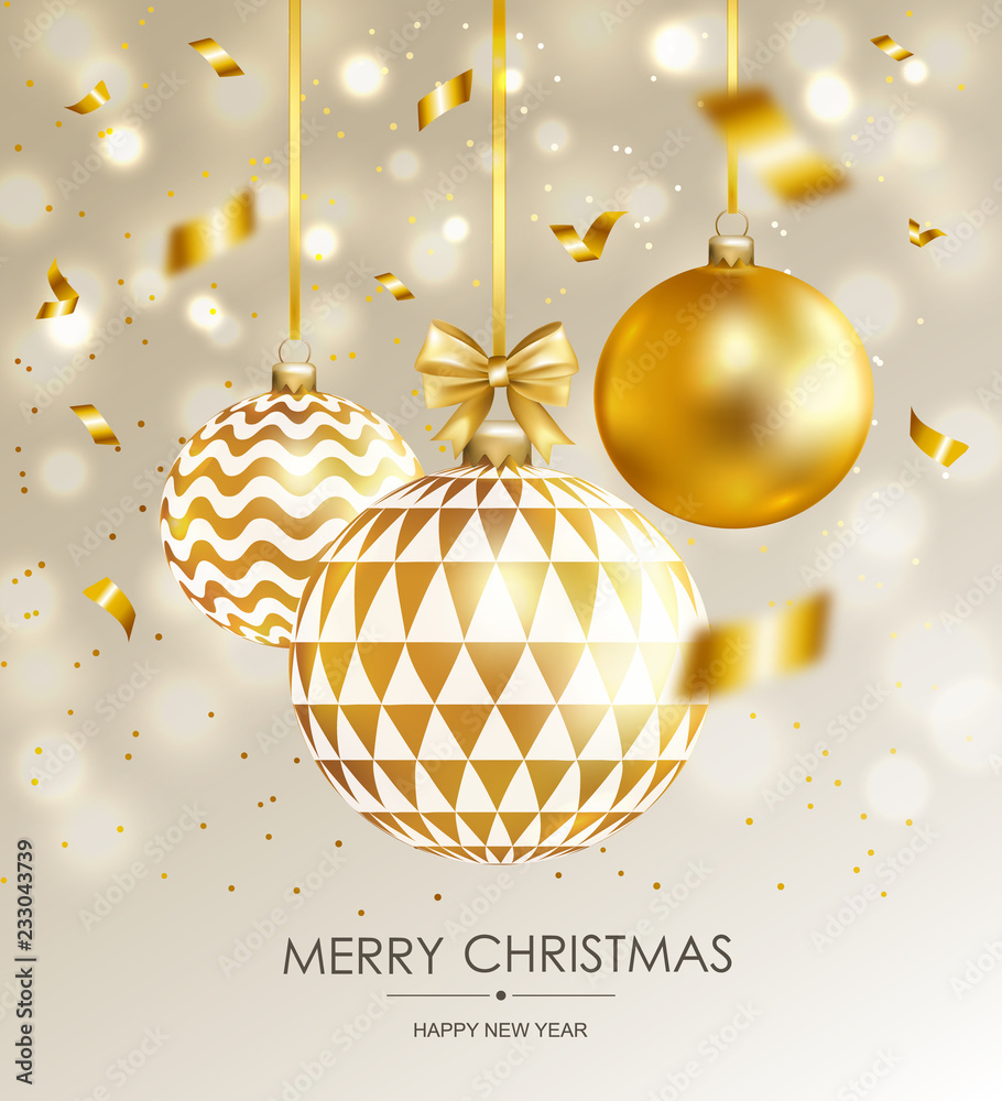 Merry Christmas and Happy New Year card with gold balls and confetti. Vector illustration. - obrazy, fototapety, plakaty 