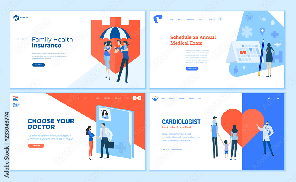 Web page design templates collection of health insurance, medical exam, doctor's choice, cardiology. Modern vector illustration concepts for website and mobile website development. 