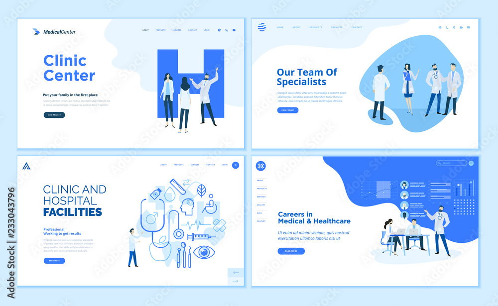 Web page design templates collection of clinic center, hospital facilities, medical career, team of doctors. Modern vector illustration concepts for website and mobile website development.  - obrazy, fototapety, plakaty 