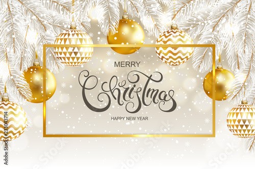 Merry Christmas and Happy New Year card with gold balls, fir tree and snow. Vector illustration.