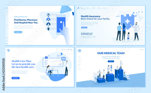 Web page templates collection of health insurance, health care plan, our medical team, app for finding the closest doctor, hospital, and pharmacy. Vector illustration concepts for web development.