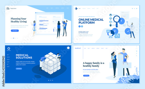 Web page design templates collection of medical solutions, online medical platform, healthy living, family medical protection. Vector illustration concepts for website and mobile website development.