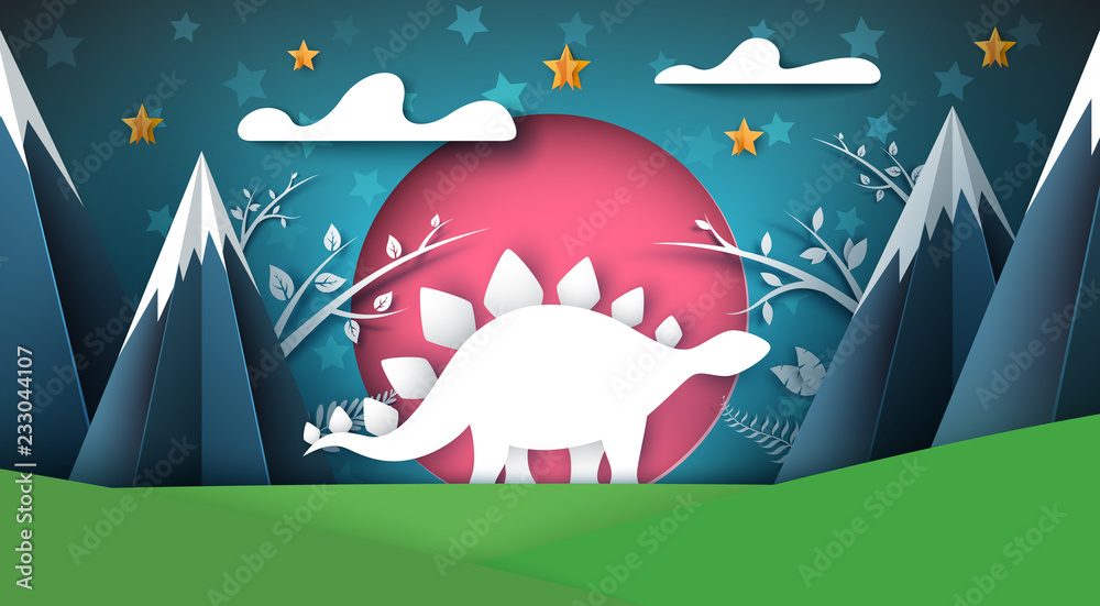 Dino, dinosaur illustration. Cartoon paper landscape Vector eps 10