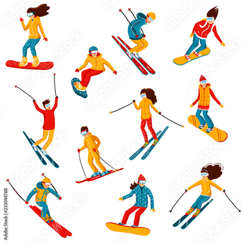 Vector skiers and snowboarders cartoon flat style. Men and women in the ski resort. Winter sport activity. Simple characters. Isolated on white background