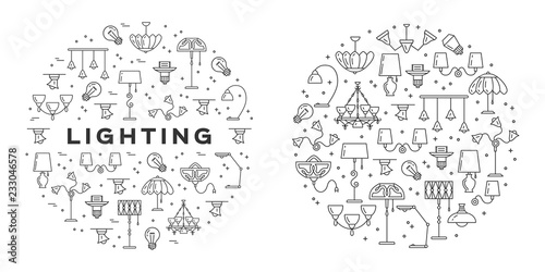Lighting line icons set. Wall lamp, desk lamp, floor lamp, chandelier. Infographics circle composition, Vector flat illustration