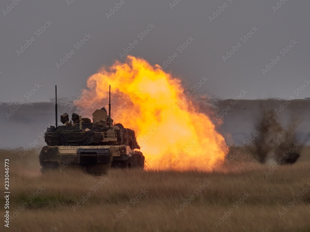 Fototapeta premium GALATI, ROMANIA - APRIL 20, 2017 : american and romanian soldiers during JUSTICE EAGLE military exercise in Smardan polygon from Galati county, Romania; 20 APRIL 2017