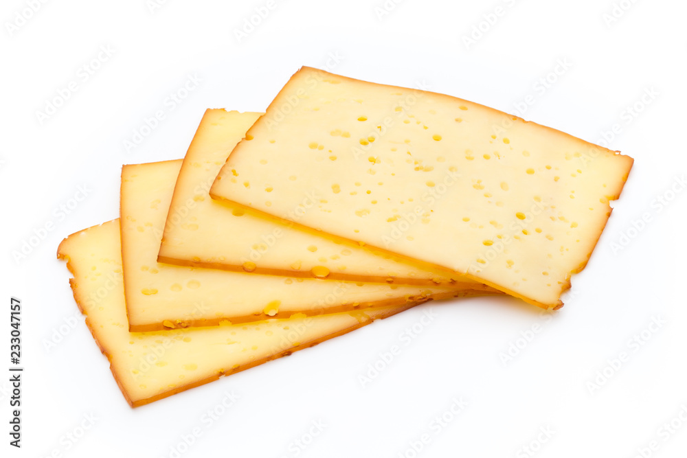 Fototapeta premium Cheese slices isolated on the white background.