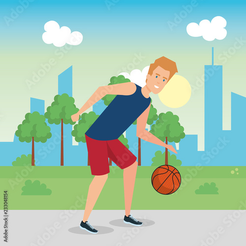 man practicing basketball character