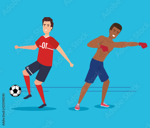 men practicing soccer and boxing