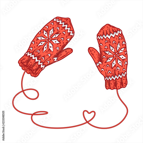 Red knitted Christmas mittens isolated on white background