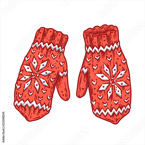 Red knitted Christmas mittens isolated on white background