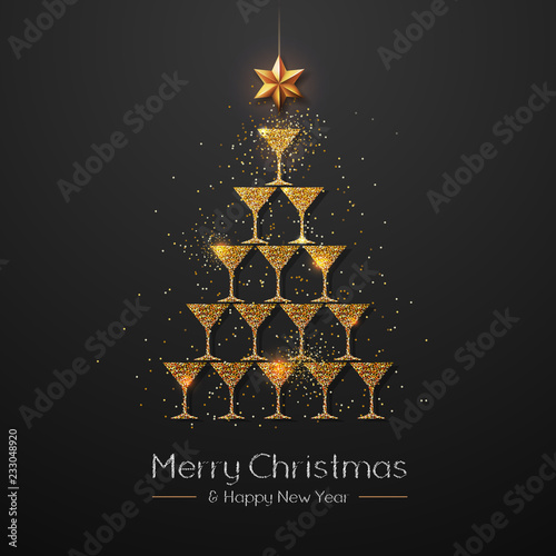Christmas poster with golden champagne glass. Golden Christmas tree