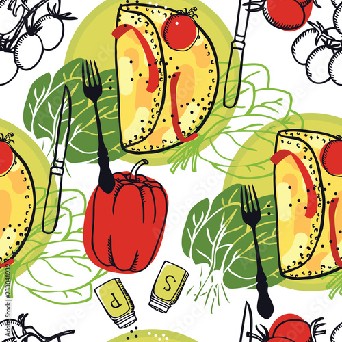 Food collection Omelette with tomato and spinach Fresh vegetables Seamless pattern