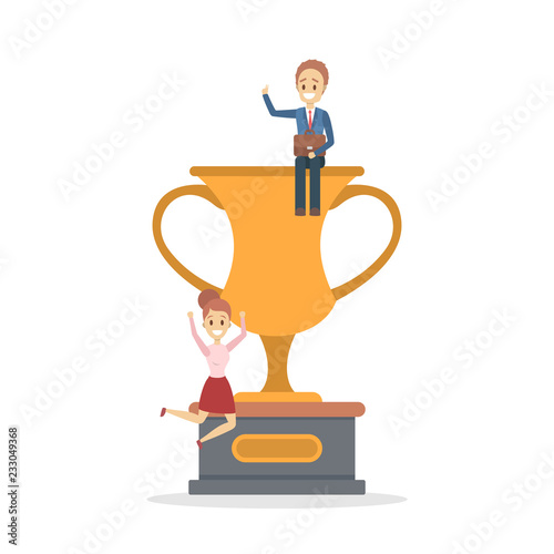 Business people standing with big golden cup
