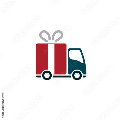linear delivery truck with gift box. stroke flat style trend logotype graphic art design illustration isolated on white background. concept of supply of product from supermarket warehouse or store