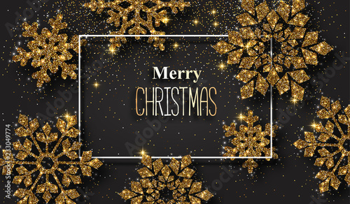 Merry Christmas poster with beautiful golden shiny snowflakes.