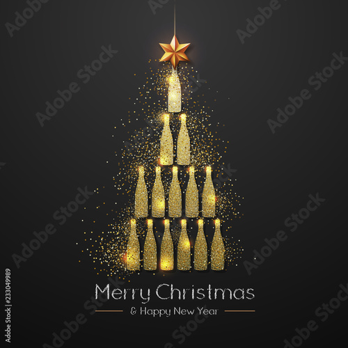 Christmas poster with golden champagne bottle. Golden Christmas tree on black background