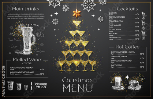 Christmas menu design with golden champagne glasses. Restaurant menu. Pyramid of champagne glasses