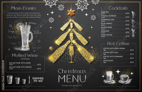 Christmas menu design with golden champagne glasses. Restaurant menu. Pyramid of champagne glasses
