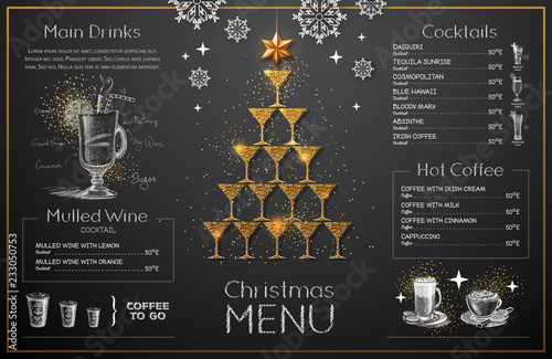 Christmas menu design with golden champagne glasses. Restaurant menu. Pyramid of champagne glasses