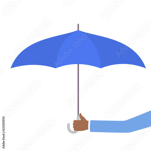 Hand holding blue umbrella as metaphor of insurance.