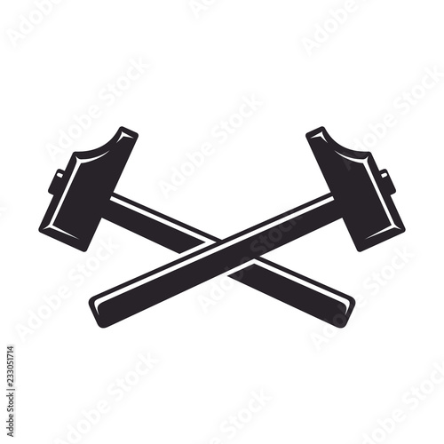 Crossed vintage hammers icon. Blacksmith tools. Vector illustration, isolated on white background. Simple shape for design logo, emblem, symbol, sign, badge, label, stamp.