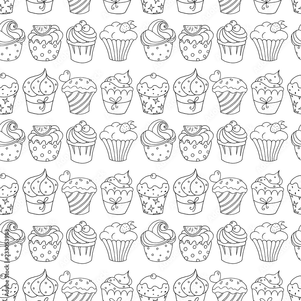 Seamless pattern with cupcakes on white background.