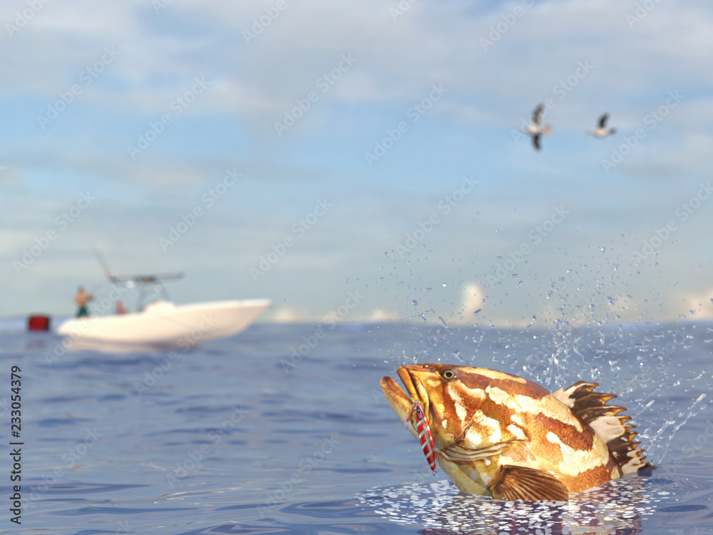 Great catch of great grouper fish lure bait in mouth on the sea ocean  surface shore fishing 3d render Stock Illustration