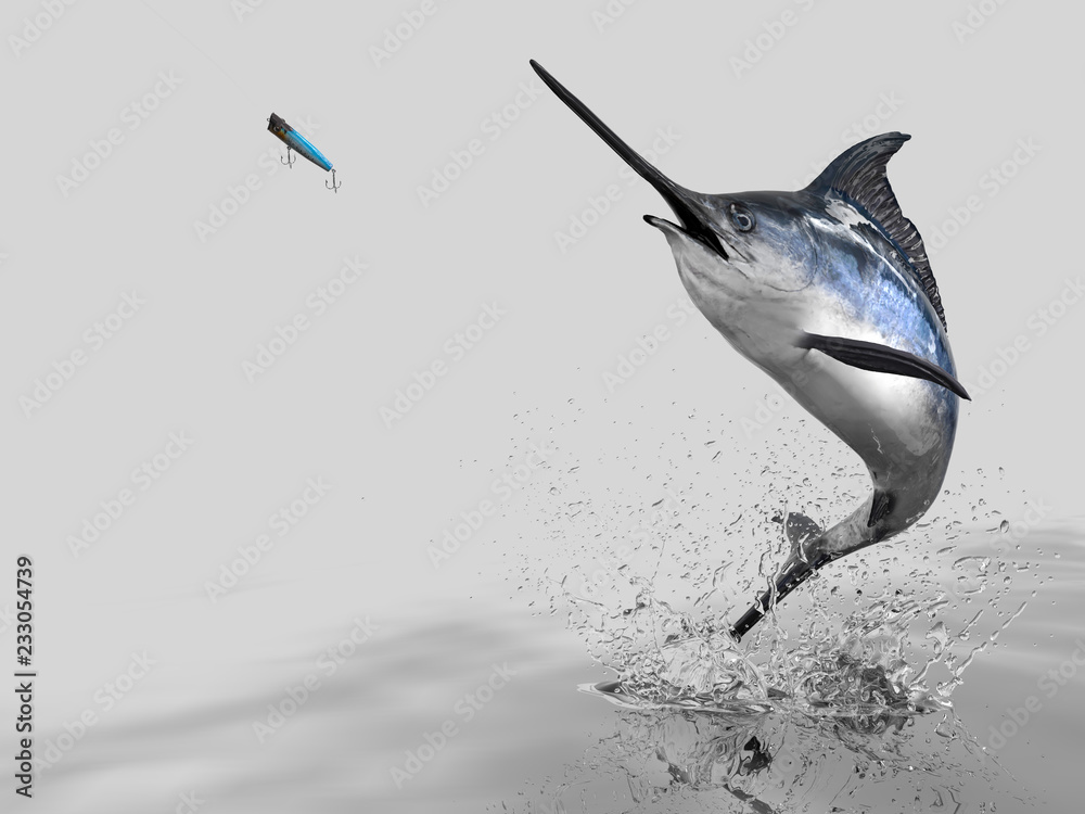 Big catch of  Blue Marlin Sword fish  in white background with splashes hooked by popper bait 3d render - obrazy, fototapety, plakaty 