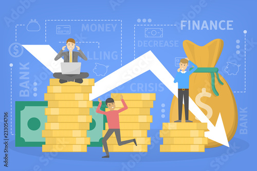 Finance crisis with falling down graph and money decrease
