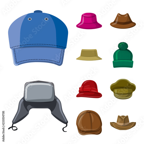 Isolated object of headgear and cap logo. Set of headgear and accessory vector icon for stock.