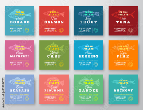 Fish Fillets Premium Quality Twelve Labels Set. Abstract Vector Fish Packaging Design Layout. Retro Typography with Borders and Hand Drawn Fish Silhouettes Background.