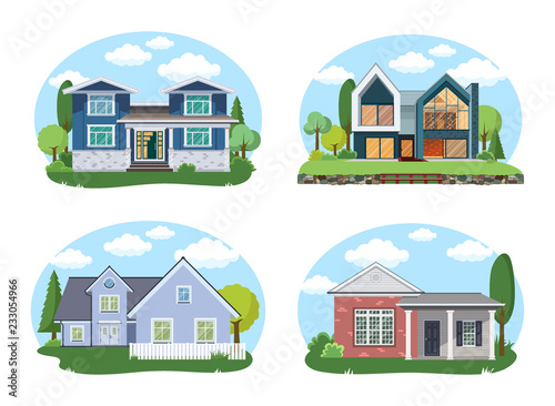 Vector Buildings Set. Flat Design Houses Isolated on White Background. cartoon house exterior with blue clouded sky Front Home Architecture Concept Flat Design Style.