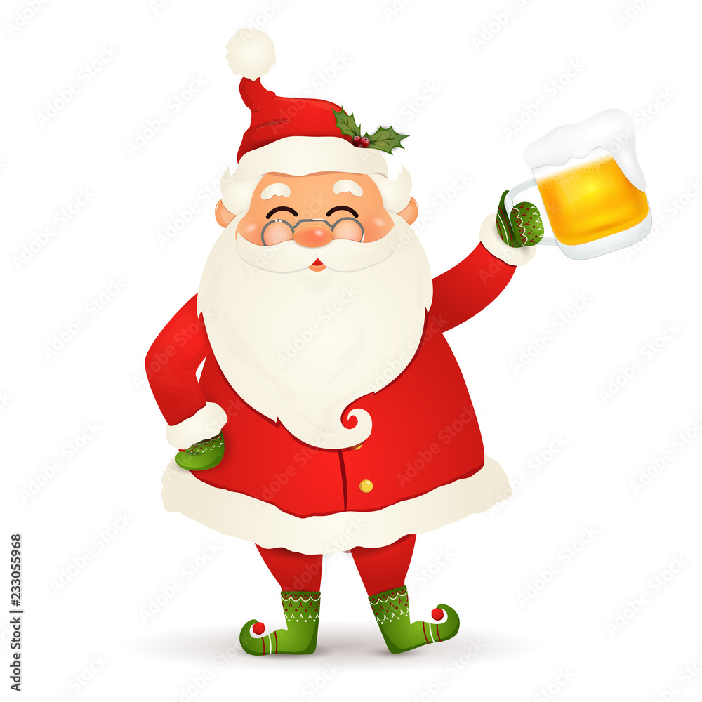 Happy Santa Claus with beer isolated on white background. Cartoon style