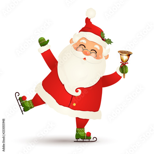 Christmas, cute, funny Santa Claus ice skating with gold jingle bell isolated on white background. Santa clause for winter and new year holidays. Happy Santa Claus skates cartoon character.