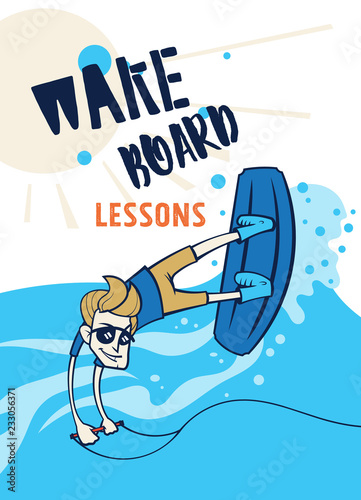 Cartoon style wake boarding lessons poster